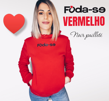 Carregar imagem no visualizador da galeria, Hoodie mixte "Foda-se" Rouge logo noir pailleté